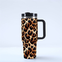 Gobelet isotherme en acier inoxydable de 40 oz, motif léopard, avec poignée et couvercle à paille, pour café et eau, cadeau pour amis