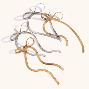 Baoyan 18K Gold PVD Plated Waterproof Stainless Steel Snake Link Chain Long Tassel Bow-knot Bow Earrings Jewelry For Women