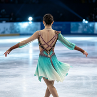 Robe de patinage artistique sur mesure vert menthe dégradé à manches longues avec strass, costume de concours de danse sur glace pour filles et femmes