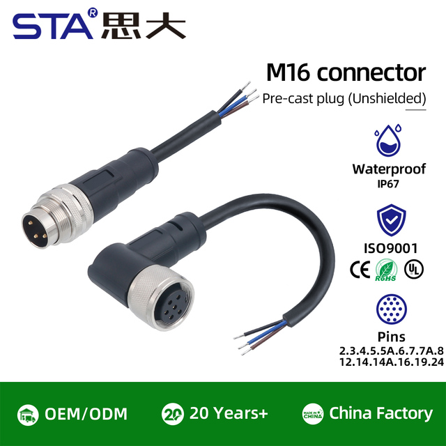 M16 Waterproof Cable Connector Straight/Right Angled Male Female Shield Overmolded Plug PVC Wire 1M 3 4 5 6 8 12 14 16 19 24 Pin