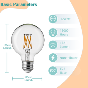 Ampoule à filament LED en verre givré laiteux G125 12W Blanc chaud 1521lm Culot E27 AC220V Certifié Energy Star CRI 90 <span class=keywords><strong>Luminaire</strong></span> - Product Image 2