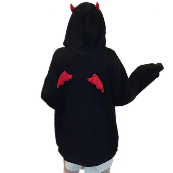 Little Devil Horns Hooded Sweatshirts Women Demon Fly Wings Oversized Pullovers Tops Streetwear Hoodie