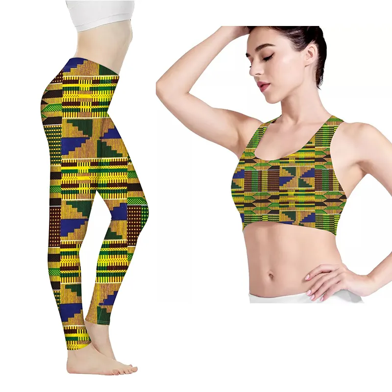 African Kente Ankara Yellow Green Pattern Womens Fitness Stretchy Sports Bra Set High Waisted Yoga Gym Leggings for Women
