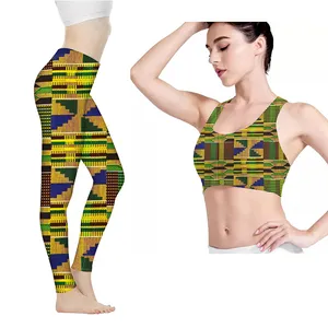 Afrika Kente Ankara sarı yeşil desen kadın spor sıkı spor sutyen seti yüksek Waisted Yoga spor tayt