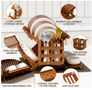 Bamboo Dish Drying Rack with Utensil Holder & Drying Mat, 3-Tier Collapsible Wooden Dish Rack <b>for</b> <b>Kitchen</b> Countertop - Product Image 2