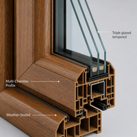 Fenêtre à auvent en PVC finition grain de bois, triple vitrage en verre trempé, dimensions personnalisées pour la construction de villas