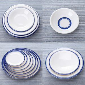 A8 Imitation Porcelain <b>Plate</b> with <b>Melamine</b> Blue Edge Tableware, Hot Pot <b>Plate</b>, Creative Vegetable <b>Plate</b>, Buffet Shallow <b>Plate</b>, - Product Image 1