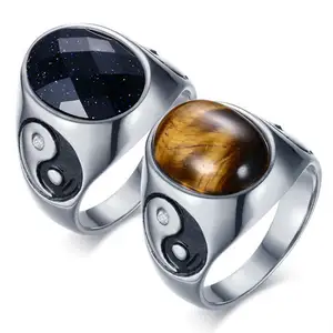 Wholesale The Eight Diagrams Yin Yang Ring Rhinestone Ring Blue Sandstone Tiger Eye Stainless Steel Rings For Men