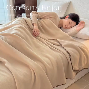 <b>Beige</b> Plush <b>Bed</b> Blanket Solid Color Rectangle Knitted Minimalist Style All-Season Use Folded Design - Product Image 3