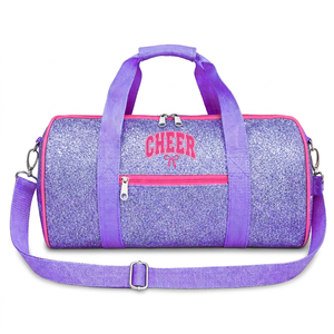 Bolsa Deportiva Morada con Lentejuelas y Logotipo de Animadoras, Cierre Frontal, Diseño Personalizado para Equipos de Baile Infantil - Product Image 1