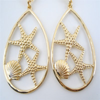 Boucles d'oreilles pendantes en métal plaqué or 18 carats et étoile de mer Bijoux tendance en alliage de zinc en forme de goutte d'eau de style bord de mer