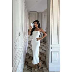 Robe de soirée bustier blanche avec détails en pierres, style Empire, pour soirée formelle, à volants, drapée, ornée de strass et de perles, longueur ras du sol, taille XS - Product Image 4