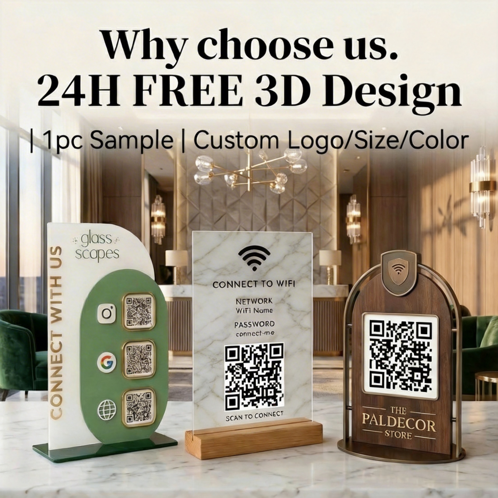 Custom Acrylic QR Code Tabletop Stand Social Media WiFi Business Sign Cafe Restaurant Boutique Metal Wood Branded Unit Apache — view 4