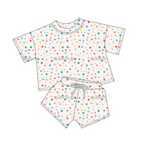 Ensemble de pyjama d'été haut de gamme pour femmes, gris foncé, à pois roses mini, imprimé bambou intégral, vente en gros