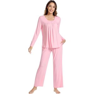 Ensemble de pyjama pour femmes à manches longues personnalisé, coupe confortable, viscose bambou, pantalon de nuit avec poche, tricot doux, 2 pièces - Product Image 1