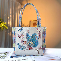 Sac fourre-tout en toile style ethnique à motif diamant, broderie jacquard double face à fil doré, fermeture éclair traditionnelle à bandoulière unique
