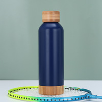 Botol Minum Stainless Steel Portabel untuk Luar Ruangan dengan Tutup Bambu dan Alas Kayu, Botol Air Olahraga Mulut Kecil dengan Pegangan Tangan