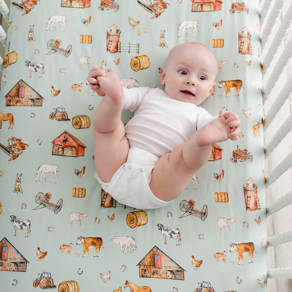 A FAZENDA Bamboo Baby berço folhas impressão personalizada equipado folha cama conjunto com tampa de fronha Capa de edredão