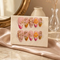 Kuku Palsu 3D Bunga Mutiara Emas Pink Oranye Lukisan Tangan Grosir untuk Salon Kecantikan