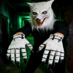 Masque de <span class=keywords><strong>loup</strong></span> <span class=keywords><strong>blanc</strong></span> en fourrure, costume en vinyle PVC souple, design intégral pour le visage, avec gants en forme de pattes de <span class=keywords><strong>loup</strong></span> pour Halloween et cosplay - Product Image 1
