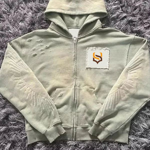 KINGSEN OEM Sweat à capuche zippé pour homme en molleton bouclette 100% coton de haute qualité, délavé à l'acide, brodé, patchwork, hiver, effet stonewashed, style Hip Hop - Product Image 2