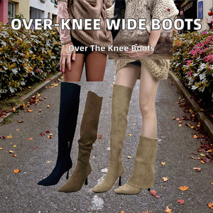 Autumn Thin Thick Platform Over-<b>Knee</b> Suede Upper Mesh Lining Zip Metal Studs Wide Leg Fit Boots - Product Image 2