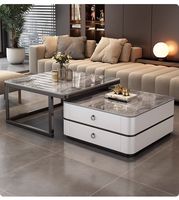 Lot de 2 tables basses carrées avec cadre en métal et rangement pour le salon, tables d'appoint empilables, montage robuste et facile.