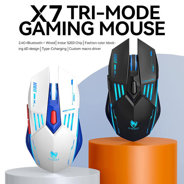T-WOLF X7 Tri-Mode Wireless Gaming Mouse DPI Adjustable Rgb Backlit Programmable Mecha Design for Desktop/laptop