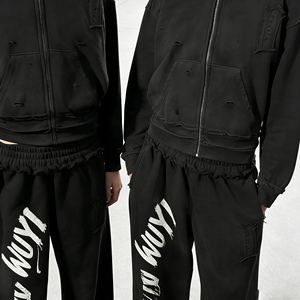 OEM Custom Men's Autumn Casual Vintage Terry Sweatsuit Set | Distressed Acid Wash Zip-Up Hoodie & Printed 2-Piece <b>Tracksuit</b> - Product Image 3