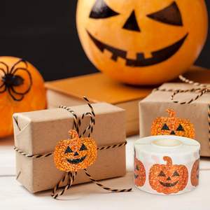 Adesivi di Halloween a Forma di Zucca Cartoon, Rotolo di Decalcomanie Impermeabili Ecologiche in Vinile con Finitura Opaca, Arancione Scintillante - Product Image 3