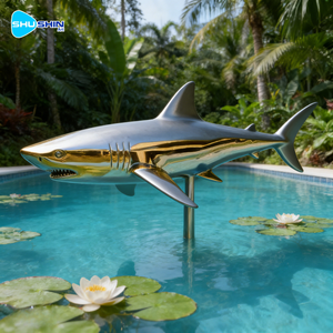 Скульптура акулы из нержавеющей стали с полированным современным дизайном креста для парков и садов - Product Image 3