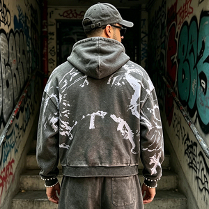 <span class=keywords><strong>Felpa</strong></span> con Cappuccio Oversize Effetto Acid-Wash con Stampa Grafica, Design Retrò Streetwear, Maniche con <span class=keywords><strong>Fiamme</strong></span> e Polsini Decorati con Perline - Product Image 3