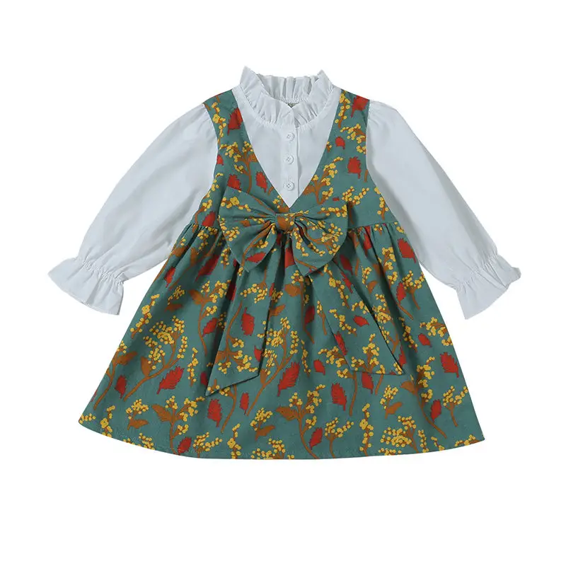 Robe de princesse pour filles, nouveau Design, de qualité supérieure, avec nœud imprimé floral, à manches longues, tenue d'été,