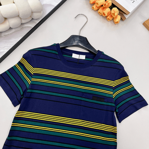 Camiseta de manga corta a rayas para mujer, cuello redondo, detalle de bolsillo, top informal de verano - Product Image 4