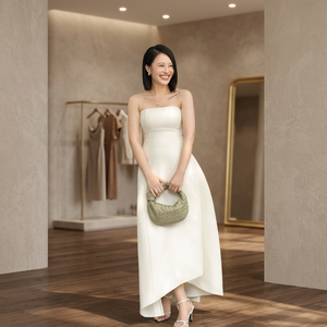 Robe midi sans bretelles en satin ivoire tissé en laine unie avec boutons pour femme – Idéale pour cocktails, soirées et tenues de cérémonie – Respirante et parfaite pour l'été - Product Image 3