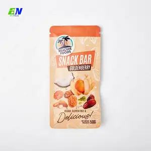 Bolsa de embalaje de alimentos con logotipo impreso personalizado, bolsa de papel Kraft 100%, bolsa compostable, embalaje plano para aperitivos de frutos secos