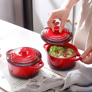 Tazón de Cerámica para Hornear con Doble Asa y Tapa, Color Rojo Degradado, Plato Redondo para Soufflé, Apto para Horno, para Comidas Diarias, Café y Té - Product Image 3