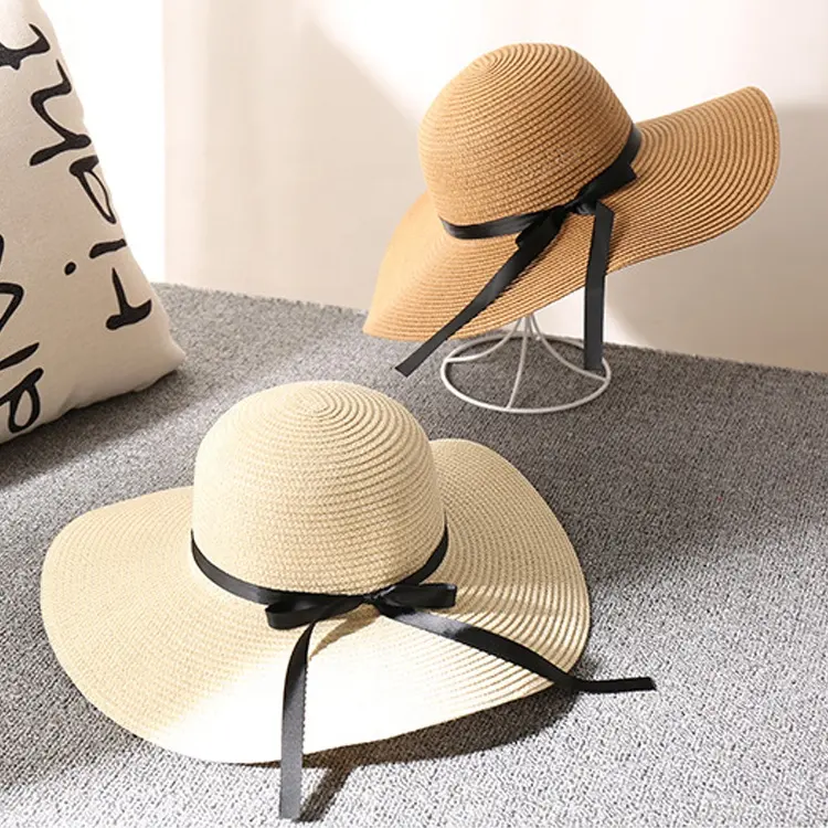 Toptan ucuz yaz şapka geniş Brim katlanabilir güneşlik şapkalar kadınlar tatil plaj hasır şapkalar