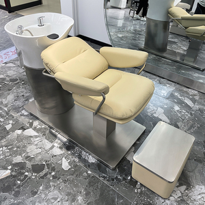 Sillón de Peluquería Moderno Semi-Reclinable con Lavabo de Cerámica, Estructura de Acero Inoxidable y Cuero, Reposapiés Ajustable - Product Image 4