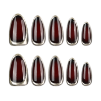 Unghie Finte 3D Cromate Bordeaux con Bordo Dorato, Stiletto Lucido Metallizzato, Nail Art per Feste Serali, Punte per Manicure 4519