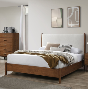 Walnut Color <b>Panel</b> <b>Headboard</b> Beige Upholstered 1pc Full Size Adjustable Convertible Bed Oak Mattress Ready Modern Style - Product Image 2