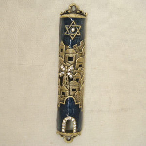 Custodia per Mezuzah in Lega Metallica con Design a Spirale, Smaltata a Mano e Decorata con Gioielli, Colore Oro Antico e Blu Pesca # P32031a) - Product Image 3