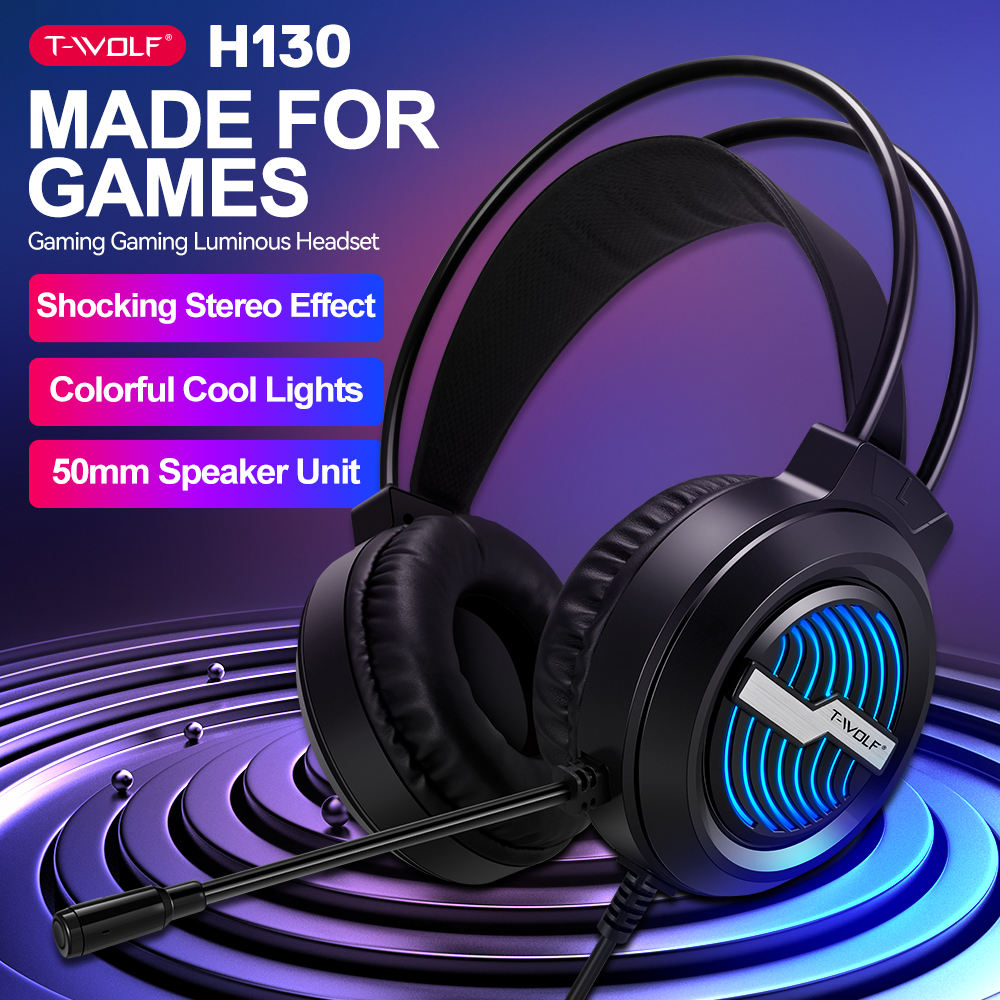T-WOLF H130 RGB Backlit Gaming Headset, 3D Surround Sound USB Wired Headphones, Noise Cancelling Mic, 50mm Drivers, Multicolor LED Light, On-Ear Headset for PC, Laptop, PS4/5, Xbox, Switch - Black / سماعة ألعاب T-WOLF H130 مع إضاءة خلفية RGB، صوت محيطي 3D، سماعة رأس سلكية USB مع عزل الضوضاء، مشغلات 50 ملم، إضاءة LED متعددة الألوان، سماعة على الأذن لأجهزة الكمبيوتر واللابتوب و PS4/5 و Xbox و Switch - أسود