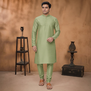 Custom Men Olive Dupion Silk Kurta Mandarin Collar Ethnic <b>Top</b> High Quality <b>Indian</b> Festive Party Wear Shirt Bulk - Product Image 1