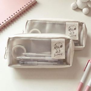 Trousse à crayons en tissu semi-transparent à double couche, design minimaliste, couleur unie, grande capacité, multifonctionnelle - Product Image 3