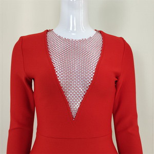 C2445 Abito da Festa Trendy Rosso e <span class=keywords><strong>Bianco</strong></span> a Maniche Lunghe con Rete e Diamanti per Donna - Product Image 4