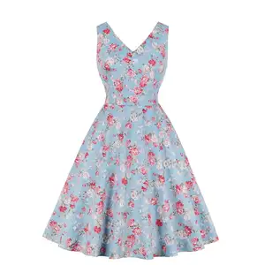 Ladies Vintage Sky Blue V-Neck Sleeveless Dress Retro's Robe Floral Printed Summer Casual Dresses