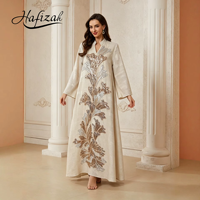 Robe Kaftan Abaya de Luxe Hafizah Brodée de Paillettes pour Femme, Longue, à Manches Longues, Motif Floral Doré et Argenté, pour Fête Musulmane et Aïd