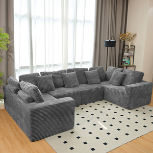 Modular U-Shape Sectional Sofa 6-Seater Chaise Lounge Reversible Design Striped Corduroy Fabric <b>Convertible</b> Modern Living Room - Product Image 3