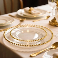 Assiettes de présentation rondes décoratives en verre transparent de 13 pouces, en gros, pour restaurants, mariages, avec perles roses, blanches, argentées, dorées